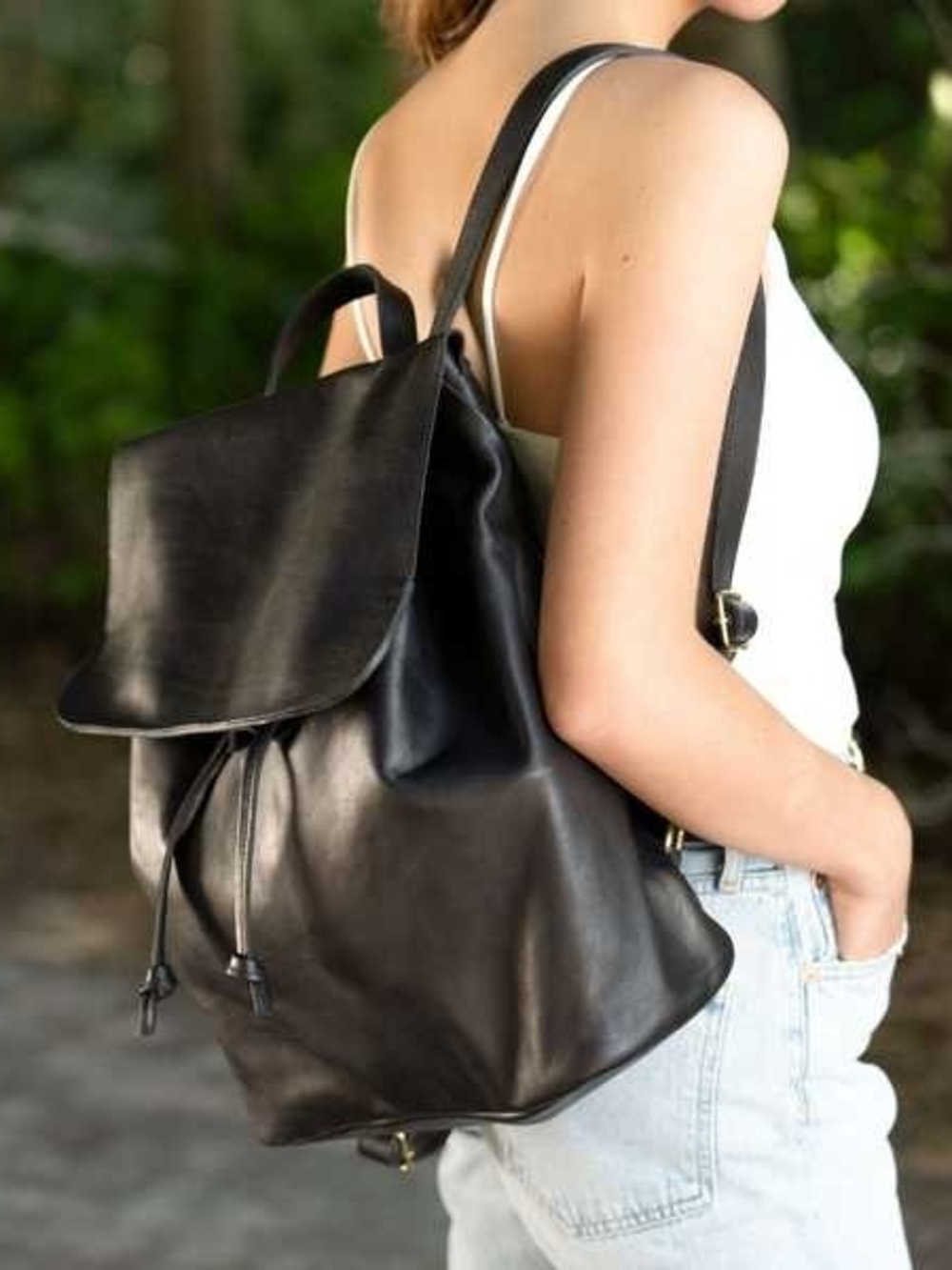 Nisolo Daniela Black Leather Drawstring Backpack